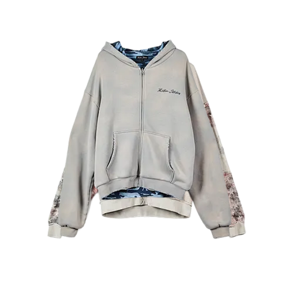 Vintage Washed Grey Camo Lined Zip-Up Hoodie with Distressed DetailsModel NO.：Alab26W036